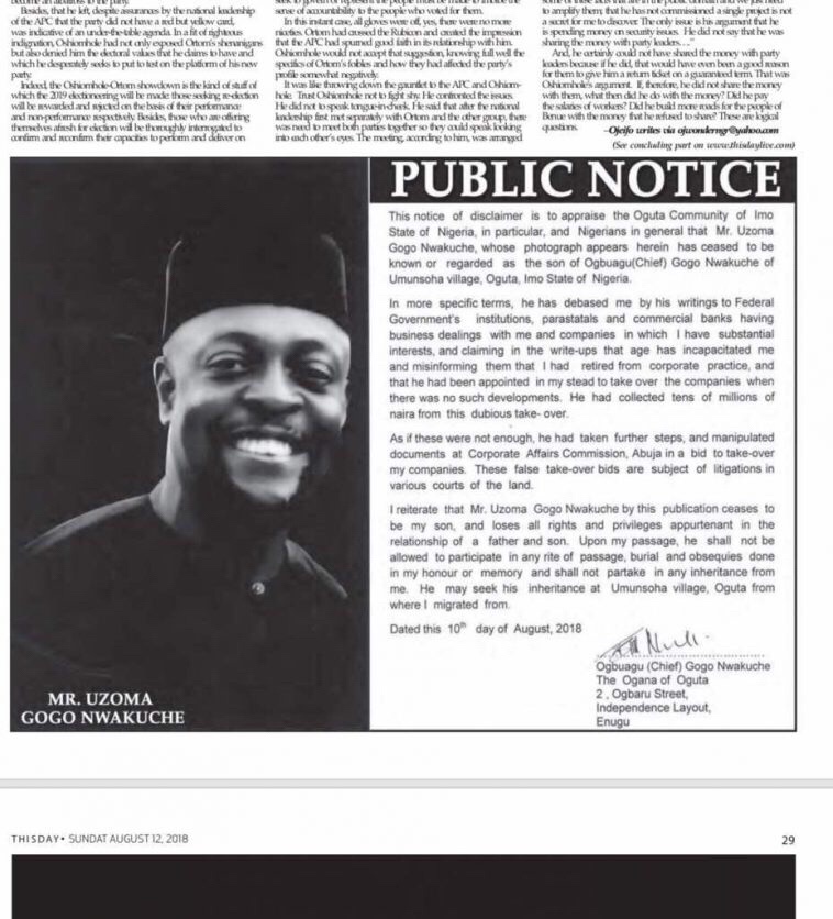 Nigerian Businessman publicly disowns his son with newspaper advert