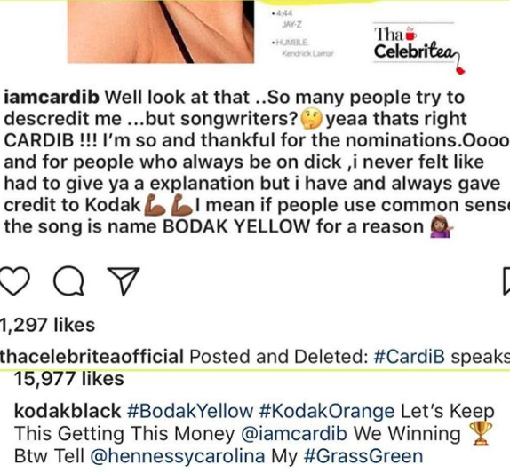 CARDI B BLASTS KODAK BLACK FOR TAKING BODAK YELLOW CREDIT ON INSTAGRAM CARDI B BLASTS KODAK BLACK FOR TAKING BODAK YELLOW CREDIT ON INSTAGRAM