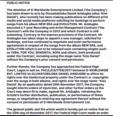 Kiss Daniel Gets Sued By G-Worldwide (Details)