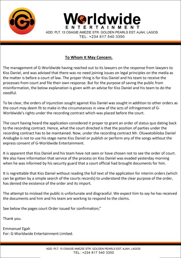 G-Worldwide Responds to Misleading Information from Kiss Daniel’s Lawyers