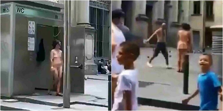 Woman causes commotion after she steps out of public toilet naked