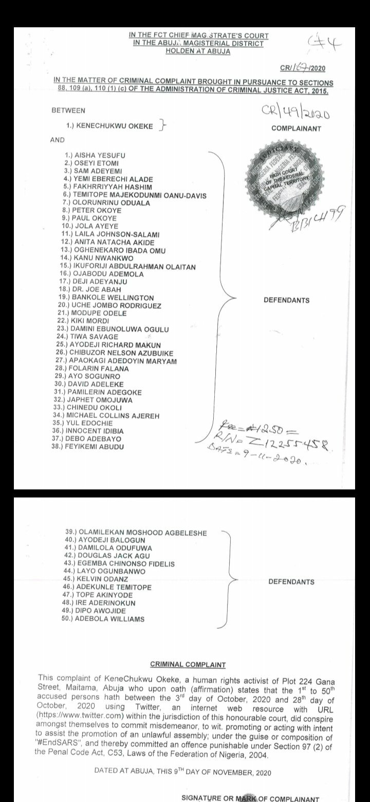 EndSars Court orders police to probe Davido, Wizkid, Falz, Moe, Tiwa Savage, others